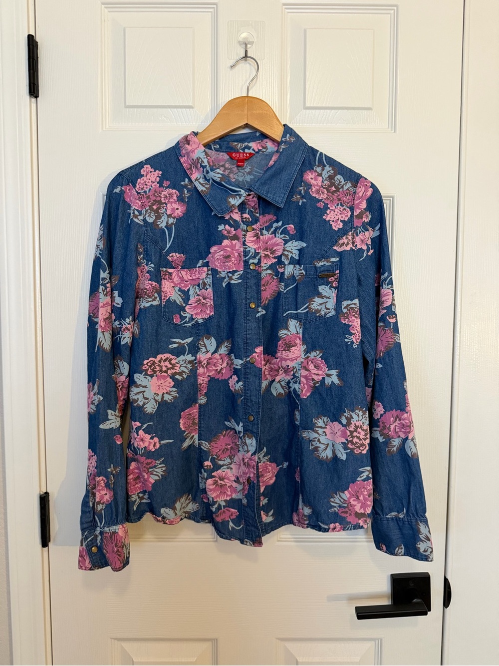 Guess Blue Denim-Effect Button-Down Shirt with Pink Floral Print